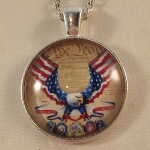 Men's Silver Bald Eagle Bird USA Flag Cabochon Pendant Chain Necklace Gift